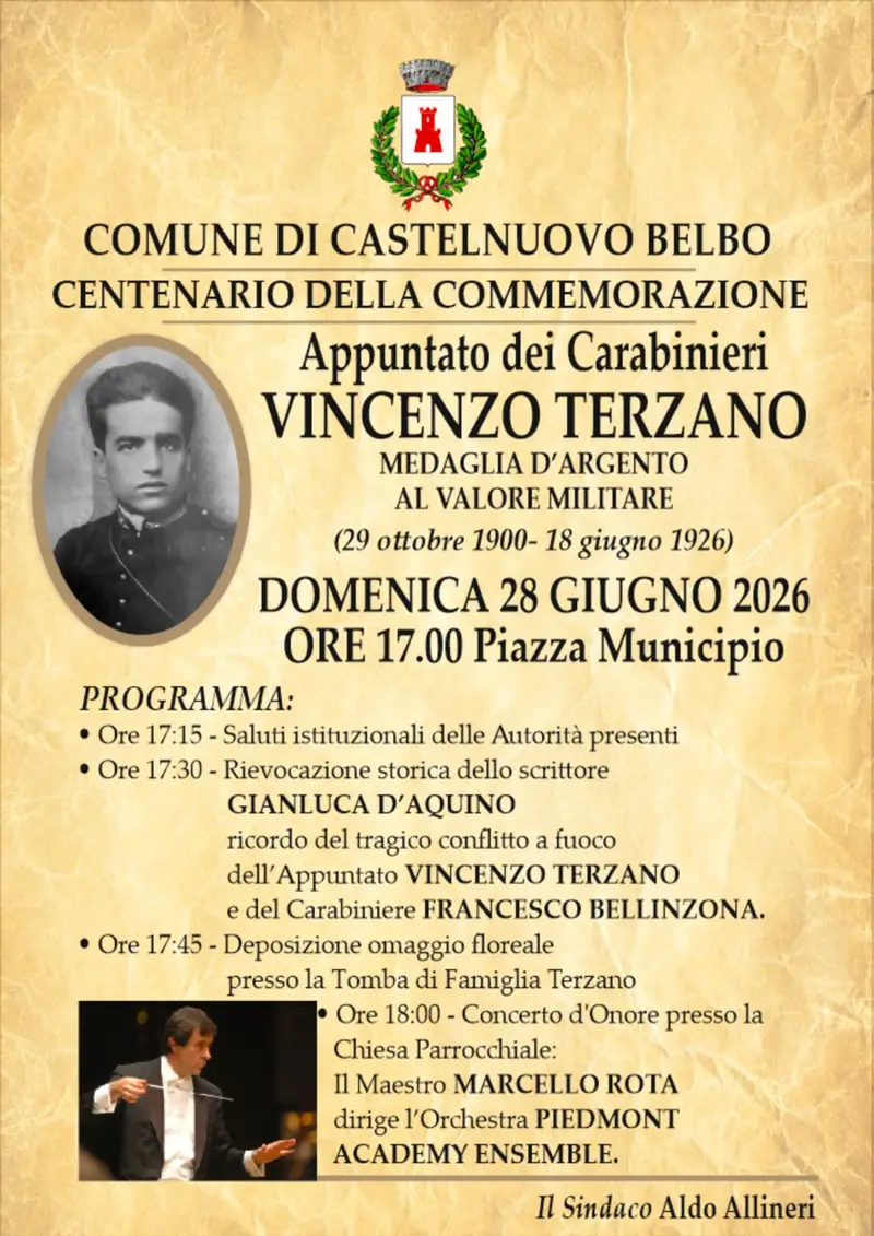 Domenica 28 giugno 2026 commemorazione del centenario della scomparsa dei Carabinieri Terzano e Bellinzona