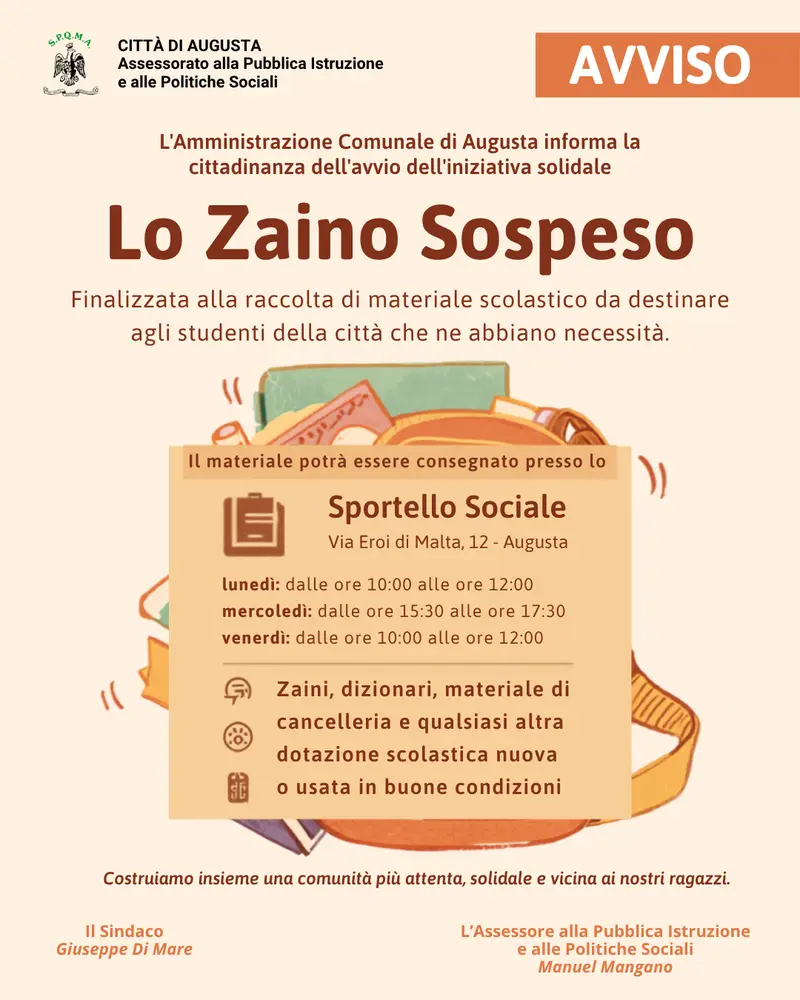 Augusta: Lancio dell'Iniziativa ‘Lo Zaino Sospeso’ per Supportare gli Studenti