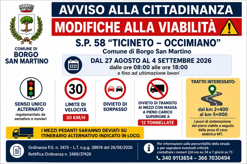 Rettifica Ordinanza n. 3469/37426 – Modifiche alla viabilità sulla S.P. 58 “Ticineto – Occimiano”